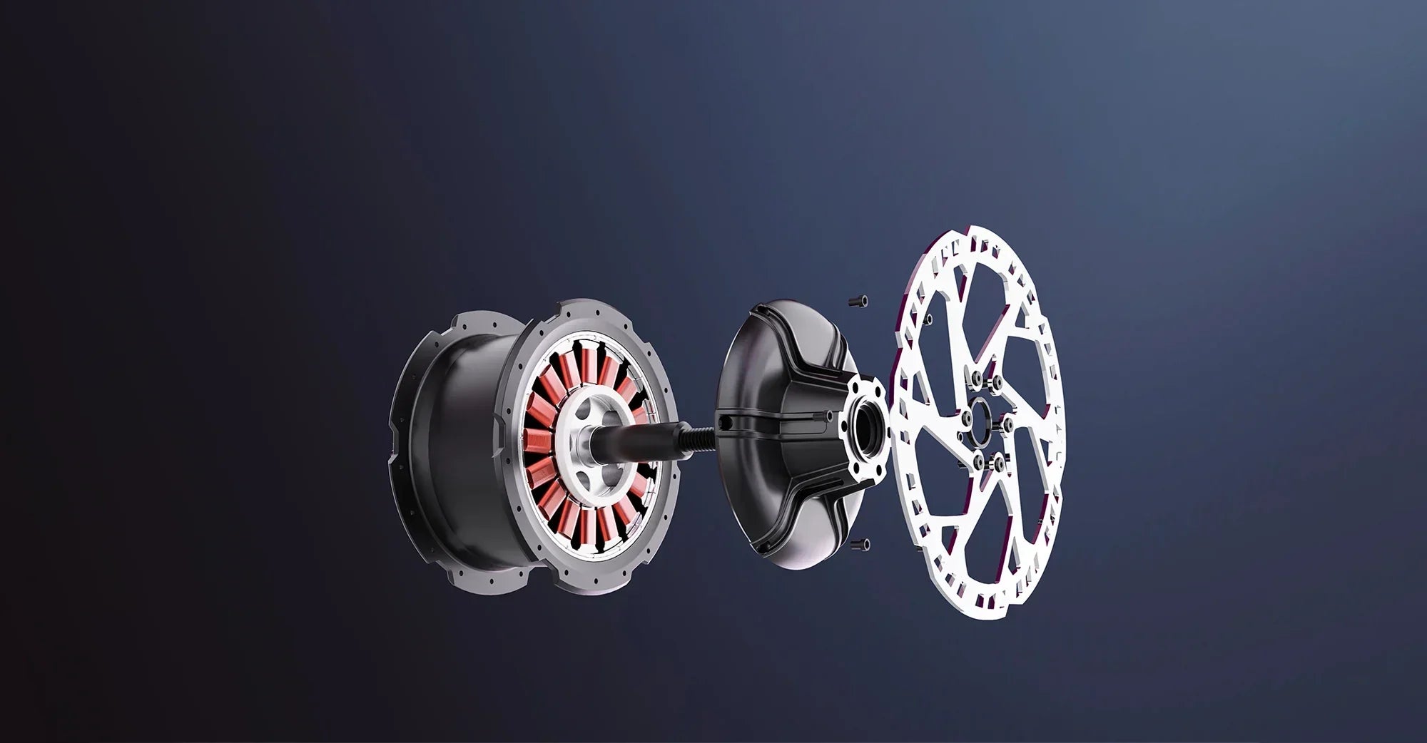 Exploded diagram of an e-bike hub motor designed for disc brakes, showing the detached disc brake rotor, motor casing, internal stator with copper windings, and central axle