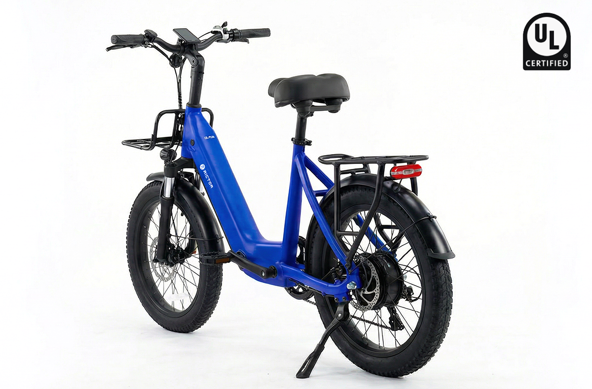 Glyde Ebike in blue, rear three-quarter view