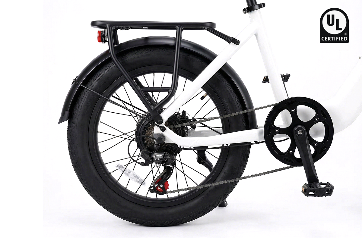 Glyde Ebike in white, rear-side view